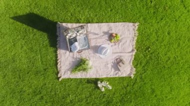 Havadan 4k yukarıdan aşağı görüntüler şık piknik battaniyesi sepeti, çiçekler beyaz şapka