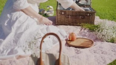 Açık piknik sepetinden meyve toplayan bir kadın. Yazın tahta tabağa koyuyor.