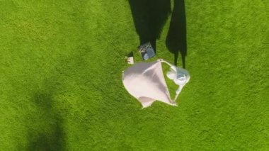 Mutlu kadın piknik battaniyesinde sepeti ile oturur, yazın romantik bir akşam yemeği.