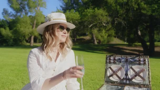Frau mit Getränk beim Sommerpicknick, Dame trinkt ein Glas Wein, genießt die Natur — Stockvideo