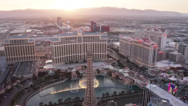 Las Vegas Escénicas fuentes de Bellagio muestran iluminado en el atardecer bajo el cielo rosa 4k — Vídeo de stock
