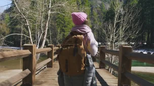 Вид ззаду жінки на дерев'яний міст у сонячний весняний день у гірській долині — стокове відео