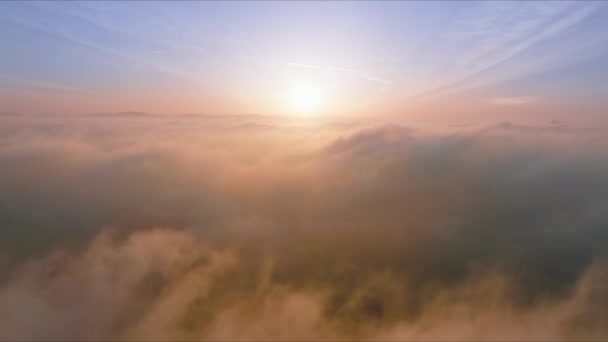 Blue sky with golden clouds, fluffy pink clouds, Drone flying above cloudscape — Video Stock