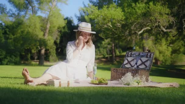 Vermelho câmera mulher beber champanhe no piquenique no parque verde no verão por do sol 6K — Vídeo de Stock