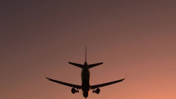 Αεροπλάνο με θέα πίσω με τους τουρίστες που προσγειώνονται στο αεροδρόμιο τη νύχτα, κινηματογραφικό ηλιοβασίλεμα — Αρχείο Βίντεο
