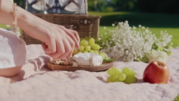 Closeup female hand taking slice of camembert cheese, Appetizer cheese plate 6K — Vídeos de Stock