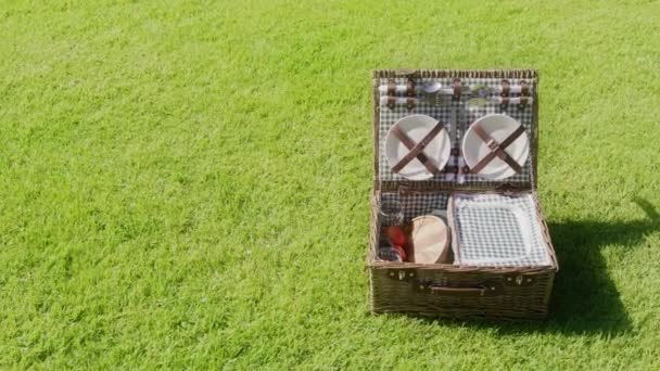 6K komerční záběry koš piknik na zeleném travnatém pozadí s kopírovacím prostorem. — Stock video