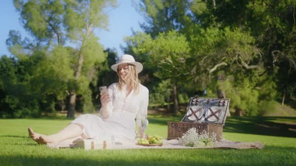 ロマンチックな女性リラックスでピクニックで公園,女の子で流行のbohoスタイルのドレス,赤 — ストック動画