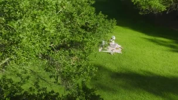 Amazing aerial view emerald green lawn in park, boho style clothing white dress — Stock video