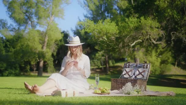 Sorrindo Mulher bonita usando telefone móvel tirar foto para blog de mídia social — Vídeo de Stock