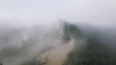 Yeşil tepe üzerinde, doğa manzaralı doğa manzaralı, manzaralı yürüyüş yolunun üzerindeki parlak beyaz bulut.
