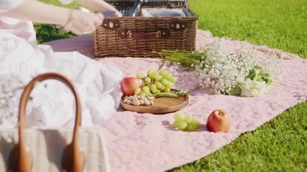 Woman taking camembert cheese from picnic basket on wooden platter at summer 6K — Vídeos de Stock