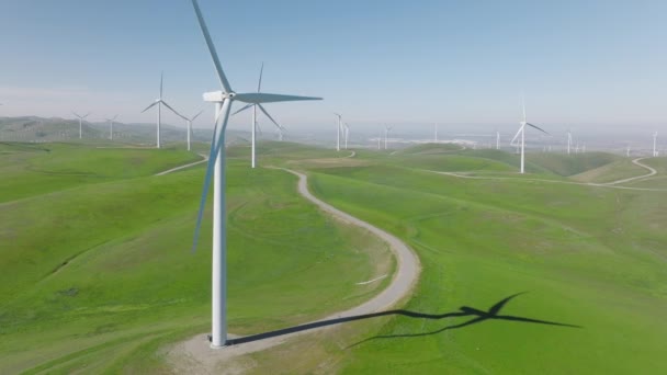 風車公園のドローンビューは緑のエネルギーを生成します 大きなタービンブレードを回転させ 緑の丘の上の風車農場は 風から再生可能エネルギーを発生させます 空撮4K映像 カリフォルニア州自然Usa — ストック動画
