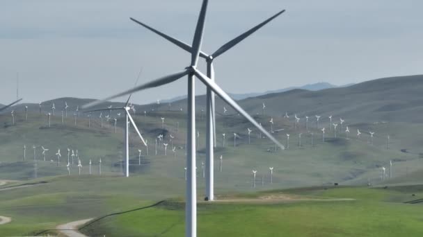 Turbinas Eólicas Grandes Con Palas Giratorias Campos Verdes Vista Aérea — Vídeos de Stock