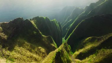 Efsanevi yeşil doğa geçmişi. Hawaii 'deki Kauai Adası' ndaki NaPali Doğa Parkı 'nın el değmemiş el değmemiş el değmemiş havadan çekilmiş görüntüleri. Uçsuz bucaksız dağ yamaçlarıyla nefes kesici yeşillik.