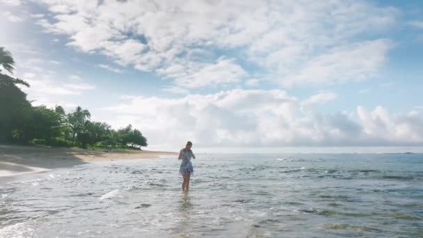 夏の朝の背景に映画のようなハワイのビーチで浅い海を歩くビーチドレスの笑顔の女性の周りに空中撮影 ハワイ島海岸に走る透明波夏休み — ストック動画