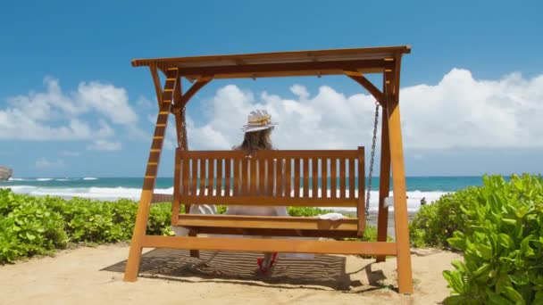 幸せな夏休みの夢のコンセプト ハワイの休日を楽しむ木製のスイングのエレガントな女性 Red バックビュー美しい海の空の景色を望む高級ビーチリゾートで木製のスイングに揺れる若い女性 — ストック動画