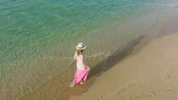 Vue Aérienne Femme Robe Tropicale Marchant Seule Par Plage Sable — Video