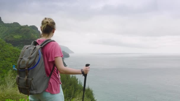 慢动作微笑的女人在世界闻名的卡拉卢小径上徒步旅行 有着令人叹为观止的夏威夷纳帕莉海岸风景 快乐的旅行者举手表决成功 — 图库视频影像
