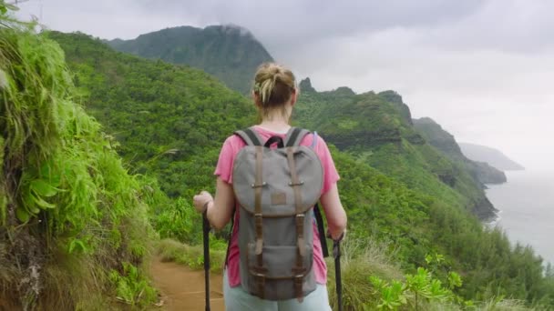 登山远征 登山远足纳帕利海岸自然公园 成功的徒步旅行者前往丛林山顶 夏威夷度假健康生活方式幸福成就 — 图库视频影像