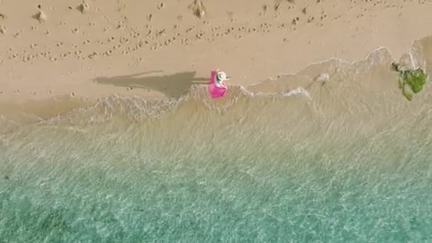 夏の日の出の背景には ハワイの自然空中の景色は緑の海の波の海岸を洗う 夢の生活を幸せに空気中の手を上げ 空の砂浜で一人で歩く熱帯のドレスの女性 — ストック動画