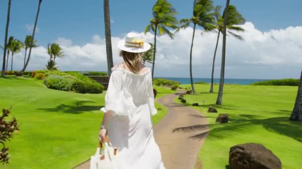 旅途愉快的博客作者喜爱在夏威夷岛红光拍摄的暑假 在阳光明媚的夏日 慢动作优雅的女士愉快地走过热带岛屿 妇女享受棕榈树和海洋景观 — 图库视频影像
