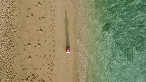 Boven Schot Van Vrouwen Silhouet Schaduw Wandelen Door Zandstrand Met — Stockvideo