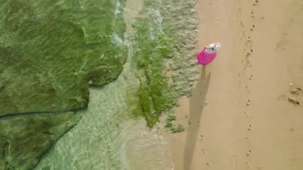 Dron následující cestovatel žena v pulzujících růžových šatech a elegantní klobouk. Zpomalte ženskou chůzi kolem tropické pláže na pobřeží oceánu na Havajském ostrově. Sluneční paprsky září vlnící se vodní hladinou