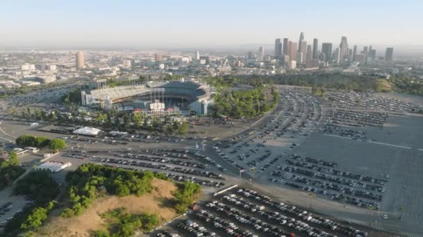 Aerial Huge Parking Lot Front Dodgers Stadium Cityscape Background People — Stock Video
