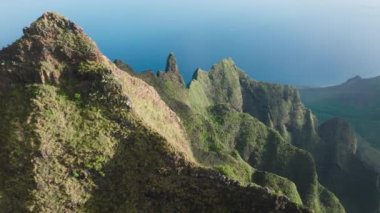 Hawaii 'nin arka planında mavi okyanus kıyısında yeşil tepeler yükseliyor. Orman dağları sarp yeşil duvarlar güneş manzarası tropikal doğa görüntüleri. Vahşi doğada yeşil dağ sırtı manzarası