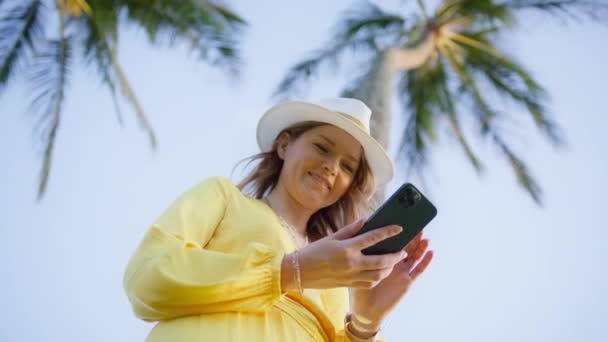 Porträt Einer Glücklichen Touristin Die Bei Der Arbeit Auf Der — Stockvideo