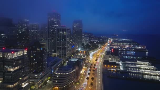 Aerial Drone San Francisco City Skyline Ferry Terminal Ferries Night — Stock Video