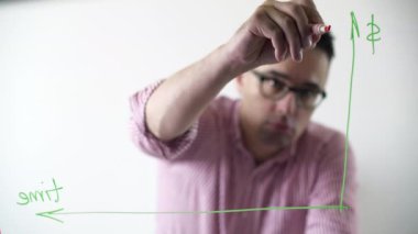 Finans uzmanı bir sorunun çözümünü arıyor. Pembe tişörtlü yetişkin adam cam tahtada bir grafik çiziyor. Yüksek kalite 4k görüntü
