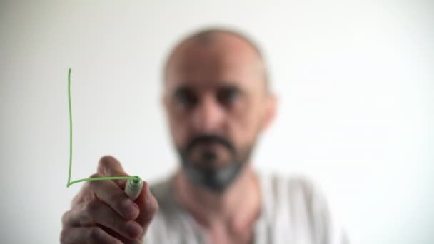 Beyaz Adam Pencere Yüzeyinde Yeşil Kalem Kullanıyormuş Cam Tahtaya Yazı — Stok video