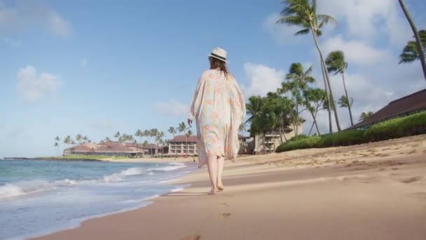 晴れた夏の日にビーチで笑顔 抱擁し 歩くアメリカ人女性のショットの後に赤いカメラの低角度 海で健康的な屋外レジャー時間 ハワイでのスローモーション夏の休暇米国 — ストック動画