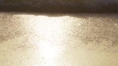 Adanın kumsalında altın gün batımı, yavaş çekim parlak dalgalar alçak parlayan güneş ışığı altında kumlu sahile doğru yuvarlanıyor. Dramatik deniz gündoğumu. Görkemli yanan gökyüzü, arka planda parlayan altın dalgaları yansıtıyor.