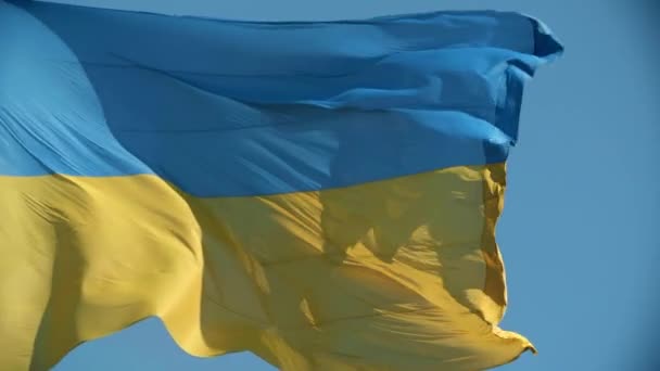 Bandera Ucrania Ondeando Viento Fondo Del Cielo Azul Como Símbolo — Vídeo de stock