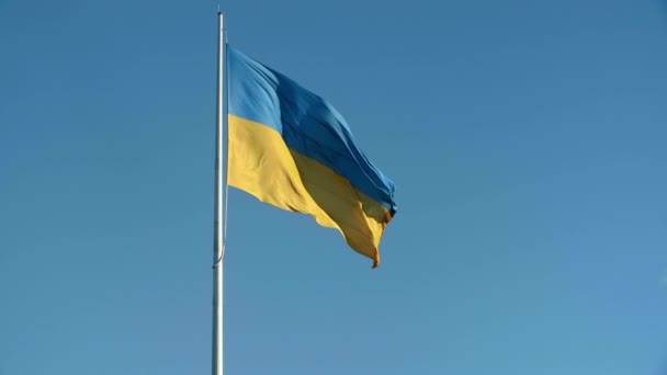 Ukrajinská Národní Vlajka Vlajkovém Stožáru Modré Slunné Obloze Kvalitní Záběry — Stock video