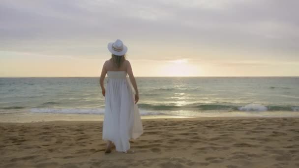 海滩上的快乐女人夏人在日落时在岛上 在自然景观中的金色沙滩上散步的女性 大自然的欢乐与欢乐 日落时健康的年轻模特 夏天快乐人的概念 — 图库视频影像