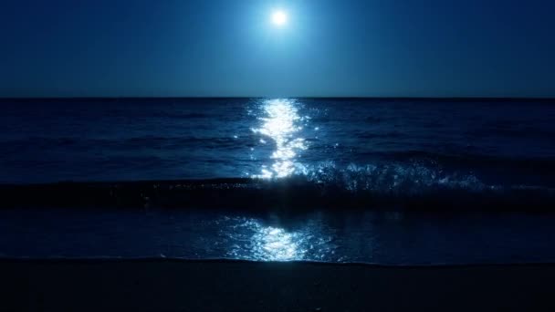 Chiaro Luna Sopra Onde Oceaniche Lavare Sabbia Spiaggia Luna Piena — Video Stock