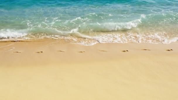 スローモーション映画の熱帯ビーチで黄金の砂から足跡を洗い流す海の波のRedカメラ映像 パラダイス島での夏休み 夢の旅と理想的な休日の自然背景 — ストック動画