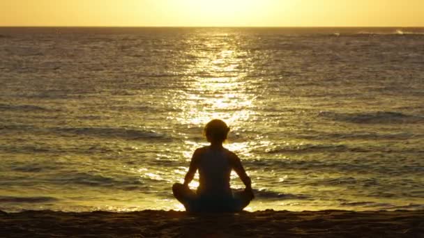 Bela Silhueta Mulher Livre Sentada Meditação Posar Praia Pôr Sol — Vídeo de Stock