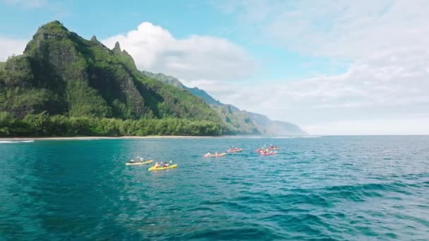 Letní Aktivita Výlet Kajakem Napali Ostrov Hawaii Letecké Drone Pohled — Stock video