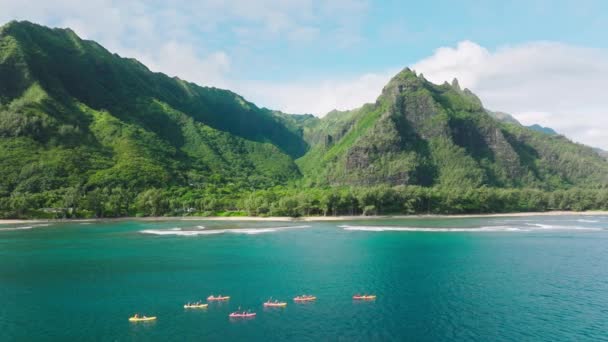 Aerial Drone Video Tourists Families Teams Sport Kayak Iconic Napali — Video