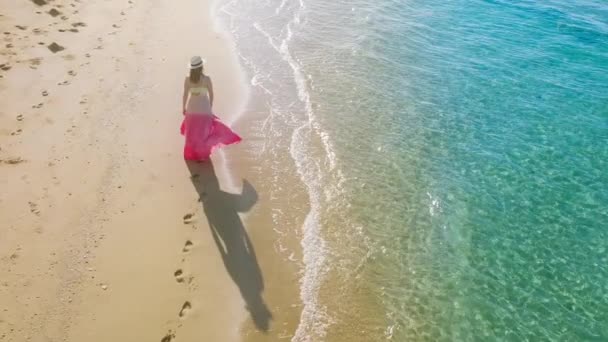 Mujer Joven Feliz Colorido Vestido Playa Rosa Caminando Por Playa — Vídeos de Stock