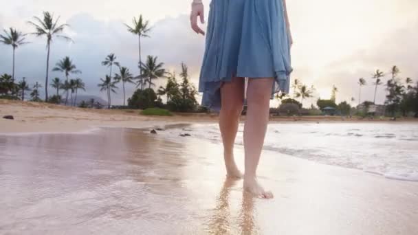 Unrecognizable Young Woman Slim Legs Free Romantic Blue Dress Walks — Video Stock