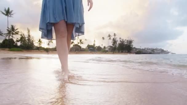 Žena Cestovatel Modrých Šatech Kráčí Podél Tropického Oceánu Pláž Pěkný — Stock video
