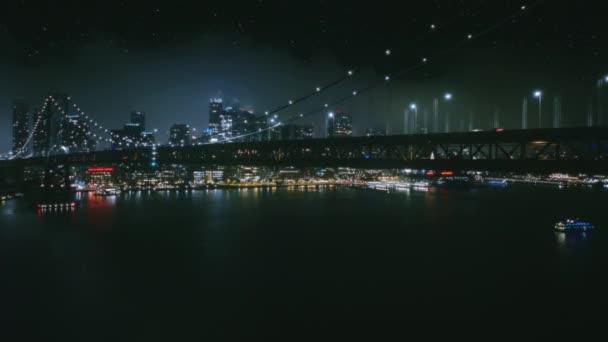 Scenic Aerial View Night Car Traffic Illuminated Suspension Bay Bridge — Video Stock
