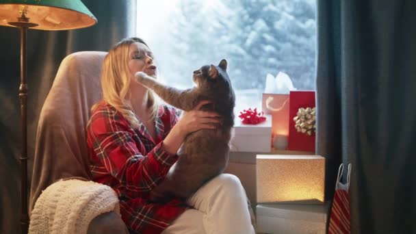 Smiling Beautiful Blonde Woman Playing Her Grey Domestic Cat Sitting — Video