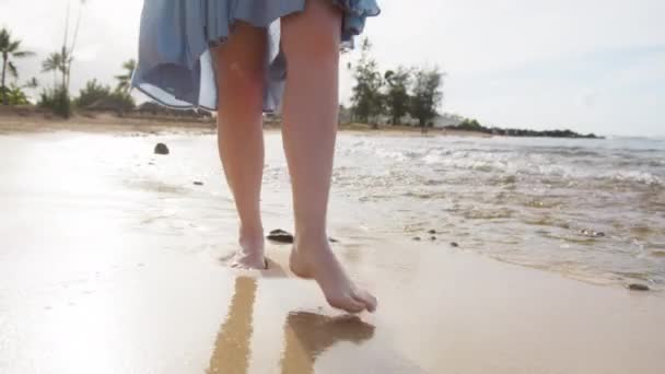 Close Woman Feet Walking Barefoot Beach Sunset Sunrise Leaving Footprints — Vídeo de Stock